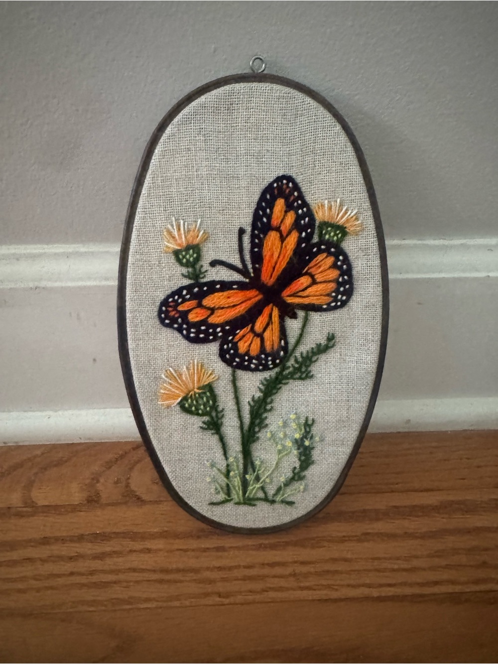 Vintage Crewel Hand-Embroidered Monarch Butterfly Wall Hoop